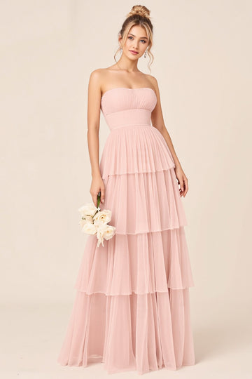Robe de demoiselle d’honneur longue à volants sans bretelles rose bonbon